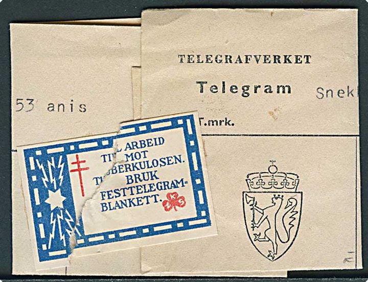 Telegrafverket Telegramformular til gæst på Holms Høifjellshotel i Geilo. Julehilsen fra Snekkersten i Danmark dateret d. 24.12.1953.