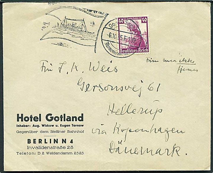 Tysk 40 pfg. Nothile 1935 udg. på brev annulleret med skibsstempel Dansk Søpost Warnemünde - Gedser d. 6.10.1935 til Hellerup.