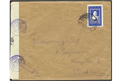 2,75+25 mark blå på brev fra Åbo, Finland, d. 27.8.1941 til Stockholm, Sverige. Finsk censur.