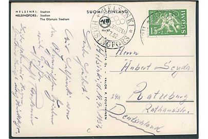 15+2 mk. OL udg. på brevkort (Olympiske station i Helsinki) annulleret med særstempel Helsinki XV Olympia d. 19.7.1952 til Rathburg, Tyskland.