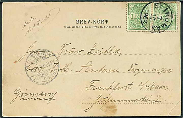 1 cent Våben i parstykke på brevkort (Gadeparti fra St. Thomas) fra St. Thomas d. 7.10.1902 til Frankfurt, Tyskland.