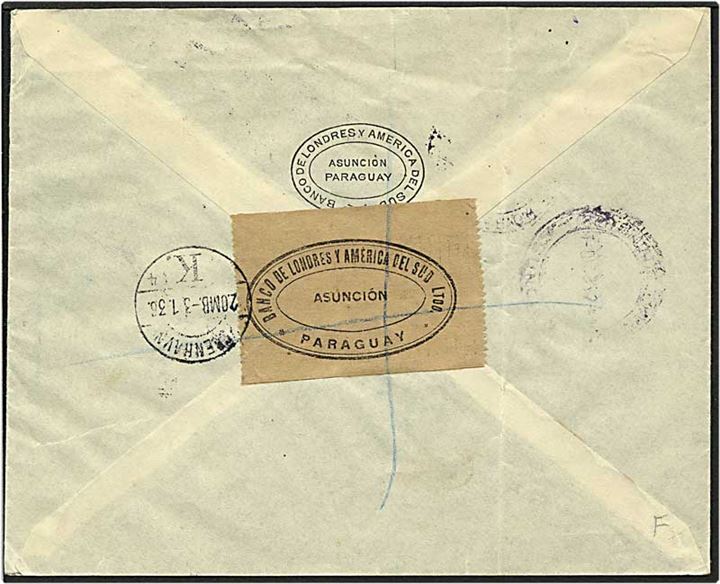 1,50 pesos rød på brev fra Asuncion, Paraguay, til København d. 3.1.1936.
