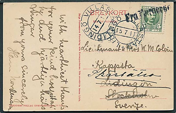 5 øre Fr. VIII på brevkort (Thorshavn set fra Arge) annulleret med skibsstempel Fra Færöerne til Stockholm, Sverige - eftersendt med stempel Lidingö Villastad d. 14.7.1911.