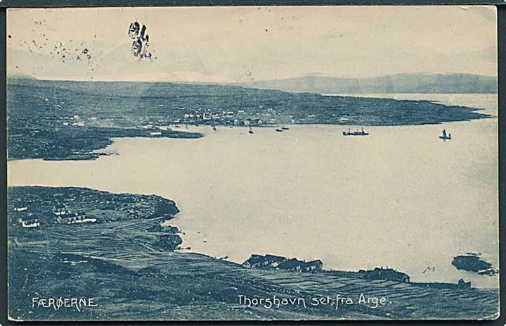 5 øre Fr. VIII på brevkort (Thorshavn set fra Arge) annulleret med skibsstempel Fra Færöerne til Stockholm, Sverige - eftersendt med stempel Lidingö Villastad d. 14.7.1911.