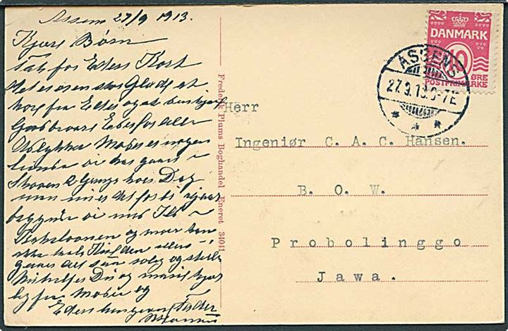 10 øre Bølgelinie på brevkort fra Assens d. 27.9.1913 til Probolinggo, Java, Hollandsk Ostindien.