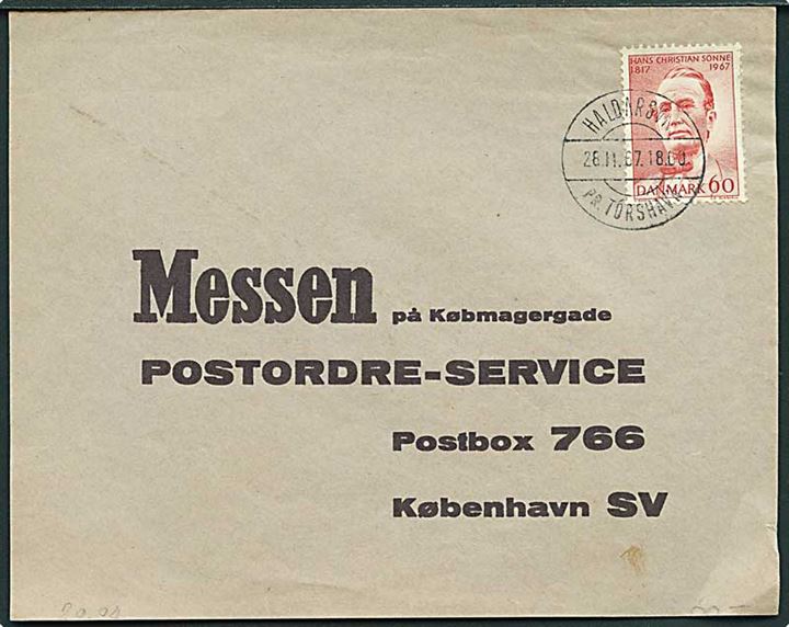 60 øre H.C.Sonne på brev annulleret med pr.-stempel Haldersvik pr. Tórshavn d. 28.11.1967 til København.