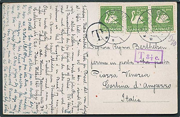 5 øre H.C.Andersen (3) på underfrankeret brevkort fra Middelfart d. 5.9.1936 til Cartina d'Ampezzo, Italien. T-postostempel og violet T 8 1/3 c..
