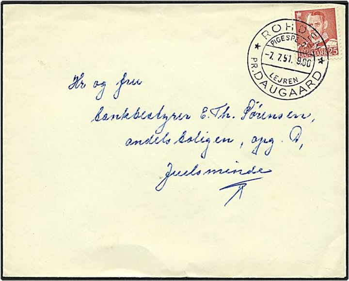 25 øre rød Fr. IX på brev fra pige spejder lejren i Rohden d. 7.7.1951 til Juelsminde. Rohden / pr. Daugaard pr. stempel.
