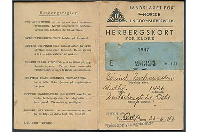 Landslaget for norske Ungdomsherberger Herbergskort med 4 kr. mærkat udstedt i Oslo d. 26.6.1947.