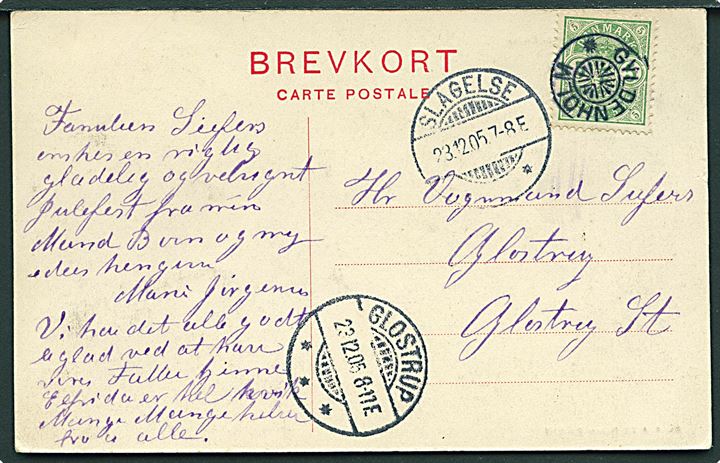 5 øre Våben på brevkort annulleret med stjernestempel GYLDENHOLM og sidestemplet Slagelse d. 23.12.1905 til Glostrup.