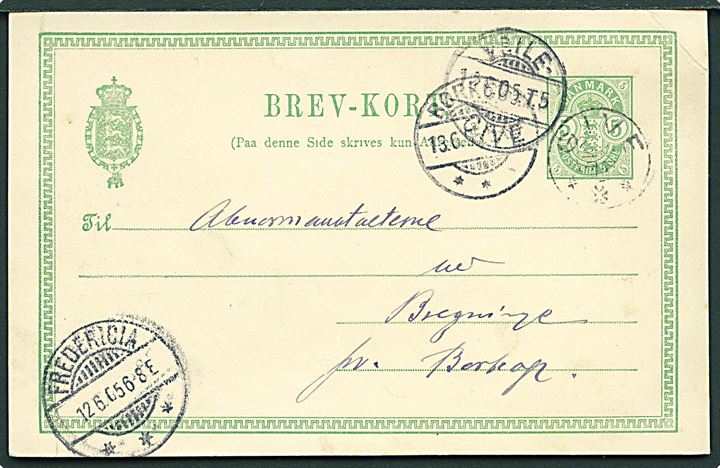 5 øre Våben helsagsbrevkort annulleret med stjernestempel GIVE og sidestemplet bureau Veile - Give T.5 d. 12.6.1905 via Fredericia til Brejninge pr. Børkop.