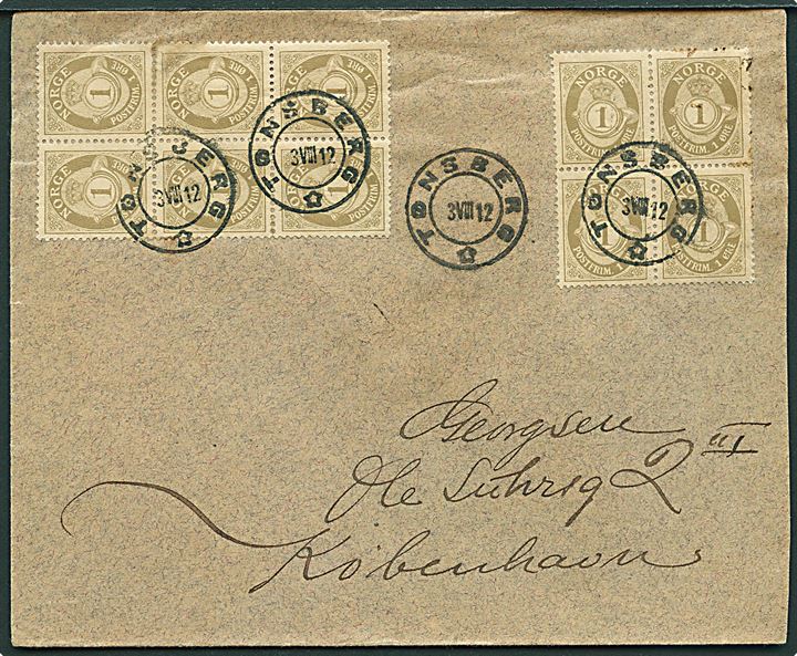 1 øre Posthorn i 4- og 6-blok på brev fra Tønsberg d. 3.8.1912 til København, Danmark.