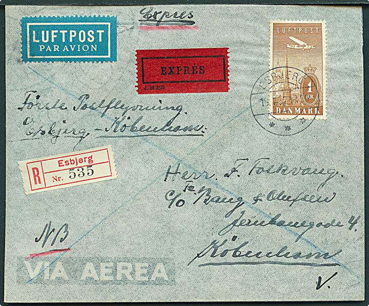 1 kr. Luftpost single på anbefalet ekspres 1.-flyvningsbrev fra Esbjerg d. 18.7.1937 til København.