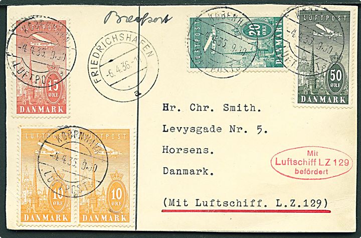 10 øre (2), 15 øre, 20 øre og 50 øre Luftpost på luftpost brevkort stemplet København Luftpost sn3 d. 4.4.1936 via Friedrichshafen og bureau Fredericia - Flensborg sn3 T.949 til Horsens. Befordret med Zeppelin LZ 129 Graf Zeppelin.