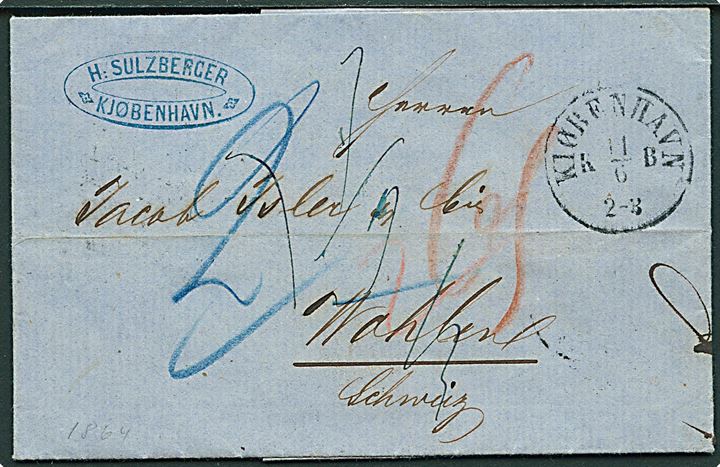 1864. Portobrev fra Kjøbenhavn d. 11.6.1864 via Lübeck til Wohlen, Schweiz. Transit stemplet Luebeck St.P.A. og Luebeck F.Th.u.Tax.P.A.