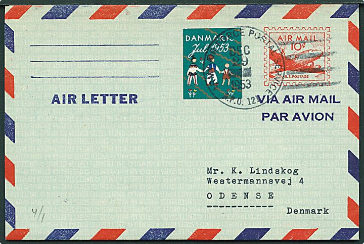 Amerikansk 10 cents helsags aerogram med utakket dansk Julemærke 1953 annulleret med feltpoststempel Army-Air Force Postal Service A.P.O. 121 (= Sdr. Strømfjord) d. 29.12.1953 til Odense, Danmark.