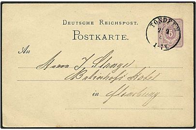 5 pfennig violet enkeltbrevkort fra Tondern / Tønder d. 24.2.1880 Tyskland.