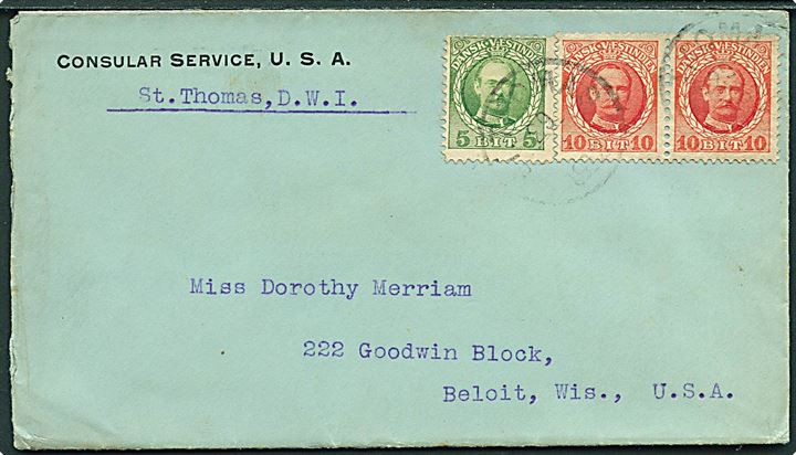 5 bit og 10 bit (par) Fr. VIII på fortrykt kuvert fra Consular Service, USA stemplet St. Thomas d. 29.8.1912 til Beloit, Wis., USA.