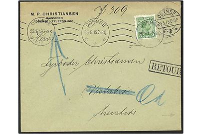 5 øre grøn Chr. X på lokalt sendt brev fra Odense d. 25.5.1915. Utilstrækkelig adresse og returneret.