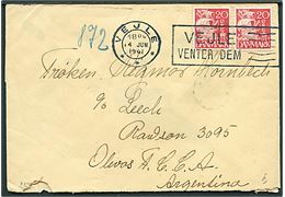 20 øre Karavel (2) på brev fra Vejle d. 14.6.1941 til Olivos, Argentina. Åbnet af tysk censur i Berlin. Ank.stemplet Olivos d. 19.8.1941.