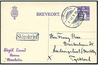7 øre helsagsbrevkort (fabr. 99-H) fra Rønne annulleret med islandsk stempel i Reykjavik d. 13.10.1931 og sidestemplet Skipsbrjef til Ludwigslust, Tyskland.