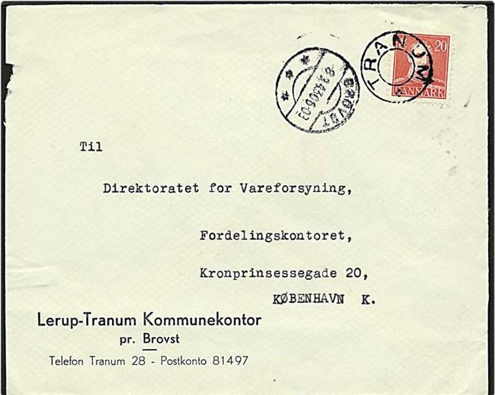 20 øre rød Chr. X på postkort fra Tranum d. 8.3.9143 til København. Tranum stjernestempel.