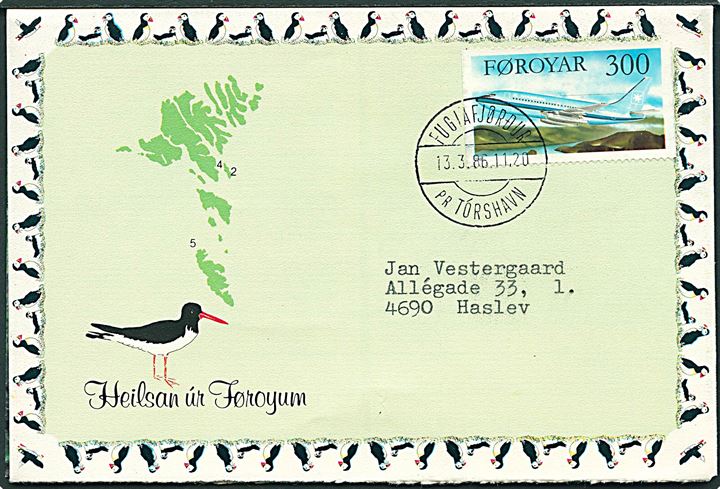 300 øre Flytype på Heilsan ur Føroyum Photo Letter annulleret med pr.-stempel Fuglafjørdur pr. Tórshavn d. 13.3.1986 til Haslev.