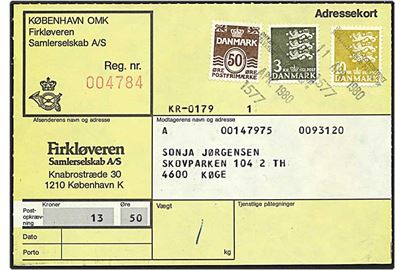 13,50 kr. porto på adressekort fra København d. 11.4.1980 til Køge. Mærkerne annuleret med kontorstempel.