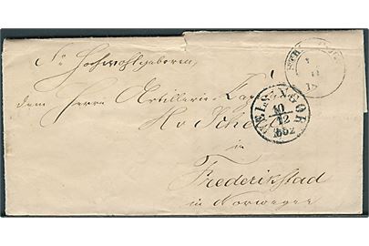 1852. Portobrev med fuldt indhold og svagt 1½-ringsstempel Schleswig d. 6.12.1852 via Helsingør d. 10.12.1852 til Frederikstad, Norge.