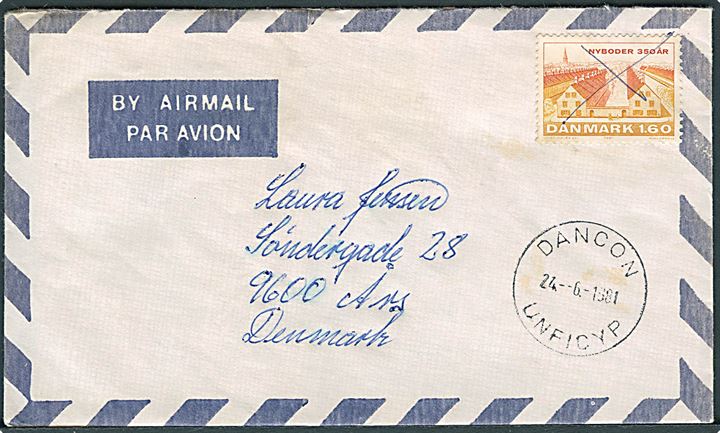 1,60 kr. Nyboder annulleret med kryds på luftpostbrev sidestemplet DANCON UNFICYP d. 24.6.1981 til Års.