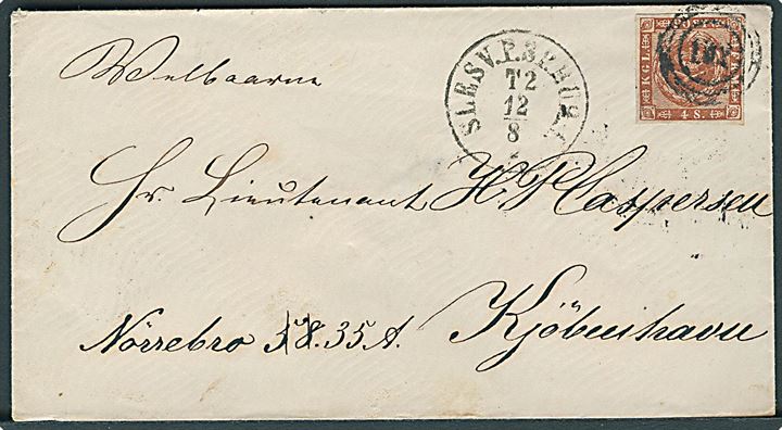 4 sk. 1858 udg. på brev annulleret med nr.stempel 192 og sidestemplet antiqua Slesv.P.SP.BUR.I d. 12.8.18xx til Kjøbenhavn.