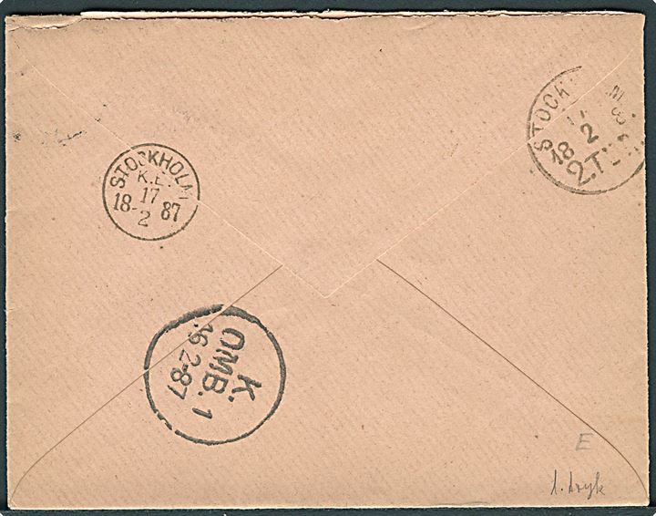 10 øre Våben 1. tryk på brev annulleret med lapidar Middelfart d. 15.2.1887 via København til Stockholm, Sverige.