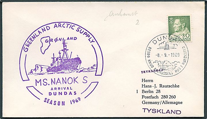 30 øre Fr. IX på tryksag fra Dundas d. 8.9.1969 til Berlin, Tyskland. Privat skibsstempel: Greenland Arctic Supply MS Nanok S arrival Dundas Season 1969.