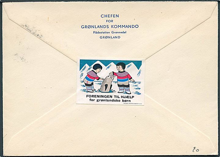 35 øre Trommedanser på fortrykt kuvert fra Chefen for Grønlands Kommando stemplet Grønnedal d. 23.11.1964 til Hellerup.