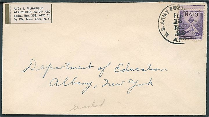 Amerikansk 3 cents på brev stemplet U.S.Army Postal Service APO 23 (= Thule Airbase) d. 13.2.1953 til USA. Fra 6612th AIO Sqdn.