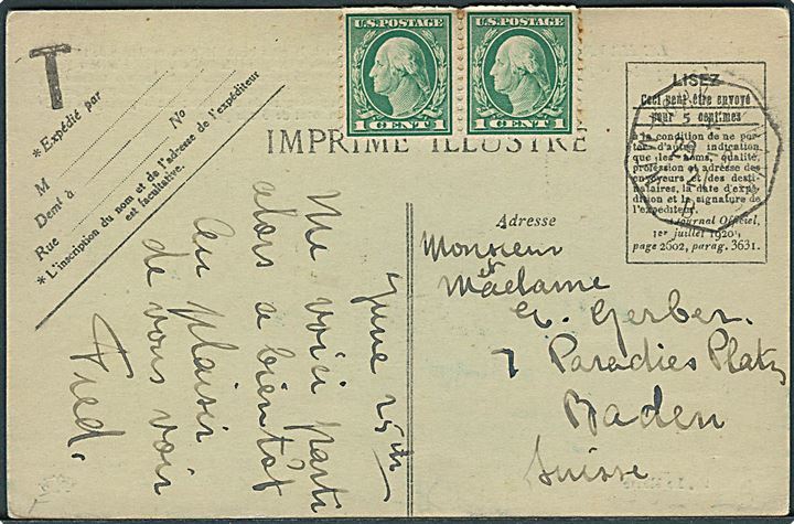 Amerikansk 1 c. Washington (2) på brevkort (S/S Paris) med fransk skibsstempel New York - Havre d. 29.9.1921 til Baden, Schweiz.