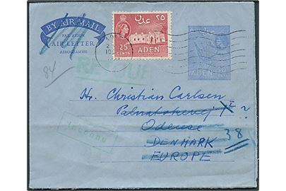 50 c. helsags aerogram opfrankeret med 25 c. Mosque fra Aden d. 10.12.1956 til Odense, Danmark. Ubekendt og retur via Returpostkontoret.