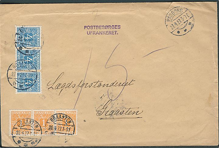 Ufrankeret brev fra Padborg d. 27.4.1927 til Graasten. Udtakseret i enkeltporto med 1 øre (3) og 4 øre (3) Portomærke stemplet Graasten d. 28.4.1927.