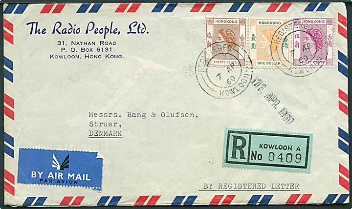 20 c., 50 c. og 1$ Elizabeth på anbefalet luftpostbrev stemplet Registrered Kowloon d. 7.4.1960 til Struer, Danmark.