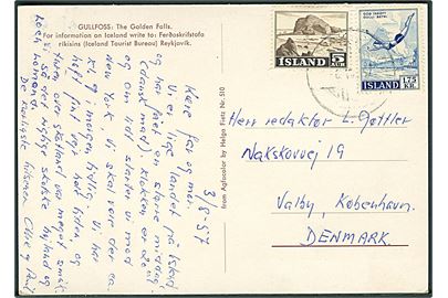 5 aur Erhverv og 1,75 kr. Sport på brevkort (Gullfoss) fra Reykjavik d. 3.8.1957 til København, Danmark.