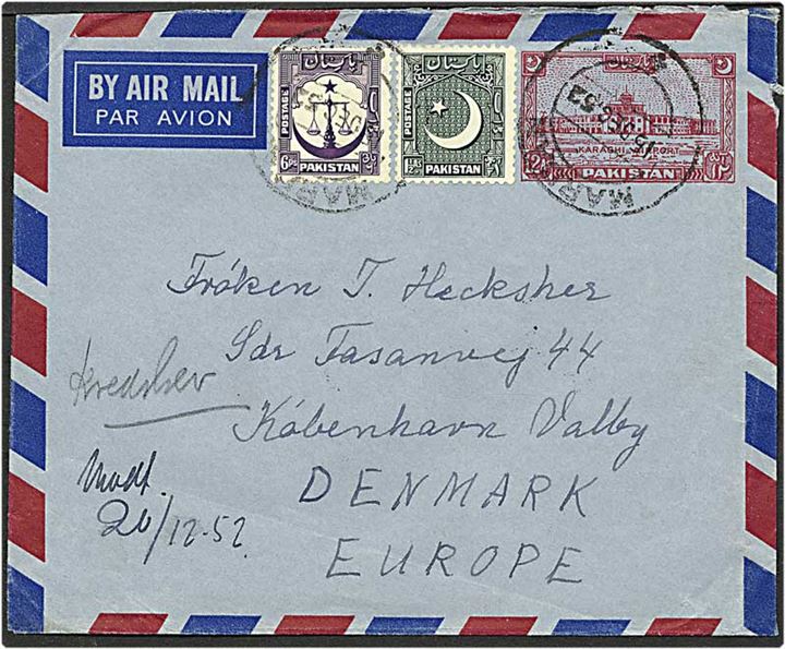 12 as rød aerogram opfrankeret med 1½ as grøn og 6 pies violet fra Mardan, Pakistan, d. 15.12.1952 til Valby.