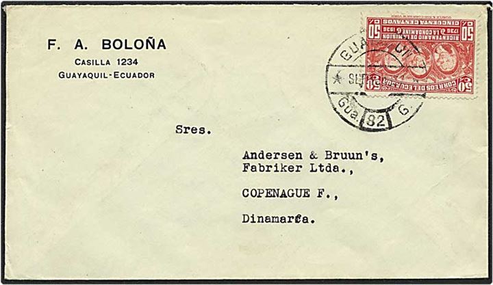 50 centavos rød på brev fra Guayaquil, Ecuador, d. 16.9.1937 til København.