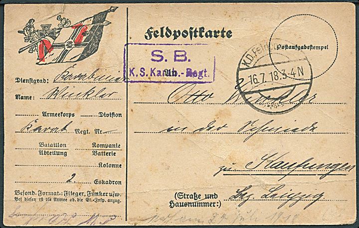 Finnland-Intervention. Fortrykt tysk feltpostkort dateret Finnland d. 14.7.1918 og stemplet K. D. Feldpost d. 16. 7.1918 med briefstempel S. B. / K.S. Karab.-Regt. til Kaufungen, Tyskland. Lidt nusset.