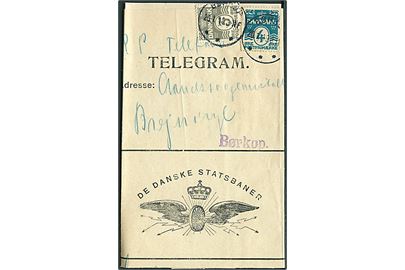 3 øre og 4 øre Bølgelinie på 7 øre frankeret De Danske Statsbaner telegramformular stemplet Børkop d. 20.1. 1919 til Aandssvageanstalten, Brejninge. Påskrevet: RP Telefon. RP = Svar betalt.