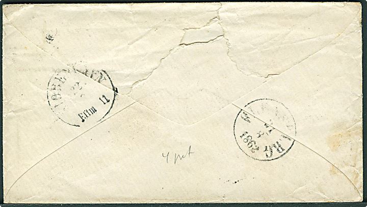 4 sk. 1858 udg. (2) på dobbeltbrev annulleret med nr.stempel “199” og sidestemplet antiqua Sterup d. 21.8. 1862 via Flensburg til Kjøbenhavn. 