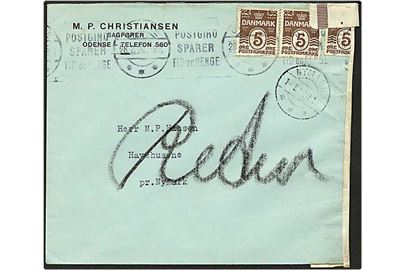 5 øre brun bølgelinie på brev fra Odense d. 28.2.1929 til Nymark. Brevet er returneret.