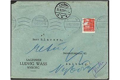 15 øre rød karavel på brev fra Nyborg d. 19.10.1929 til Aalborg. Opråbt blandt budene og returneret.
