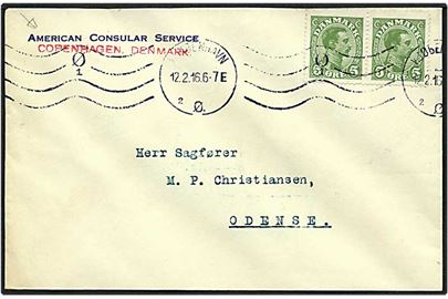 5 øre grøn Chr. X på brev fra American Consular Service i København d. 12.2.1916 til Odense.