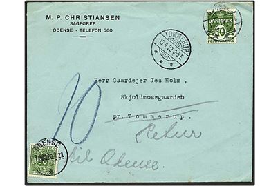10 øre grøn bølgelinie på brev fra Odense d. 18.4.1929 til Tommerup. Brevet er returneret og påsat 10 øre grøn portomærke.