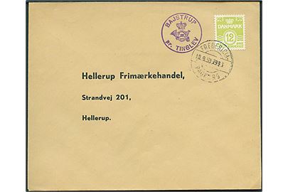12 øre Bølgelinie på filatelistisk tryksag annulleret med bureaustempel Fredericia - Padborg T.993 d. 18.9.1958 og sidestemplet med posthornstempel BAJSTRUP pr. TINGLEV til Hellerup.